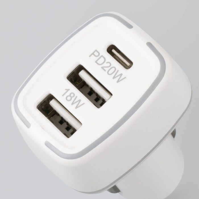 Photon Car Charger - A white USB car charger featuring three ports, including one USB-C and two USB-A, with a compact design.