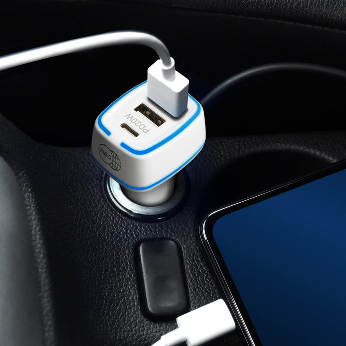 Photon Car Charger - A USB car charger in white and blue plugged into a vehicle's power socket, with a charging cable connected to a phone.