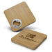 Bamboo Bottle Opener Coaster - Square - A drink bottle opener coaster in square shape, made from light bamboo with a silver opener and a logo.