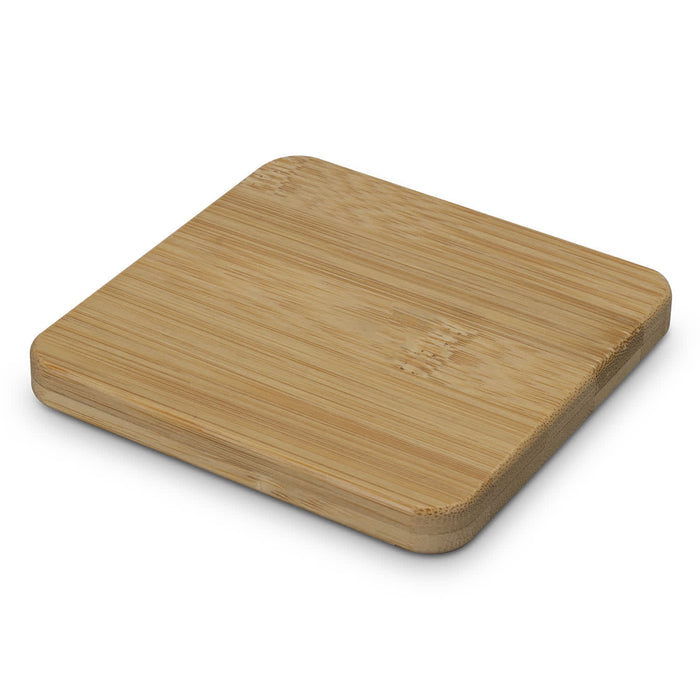 Bamboo Bottle Opener Coaster - Square - A drink bottle opener coaster in a natural bamboo finish, square-shaped with rounded edges. Features a logo.