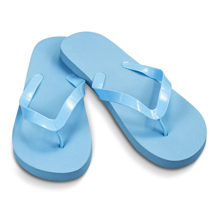 Tidal Flip Flops - Light blue flip flops with a simple design and a matching thong strap, featuring a logo on the sole.