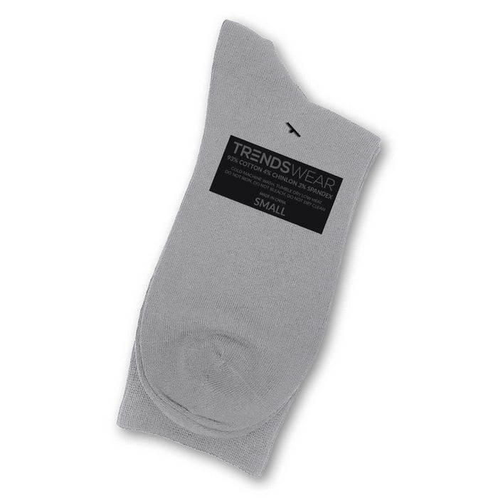 June Business Socks - A pair of light grey socks with a logo and a label indicating size small.