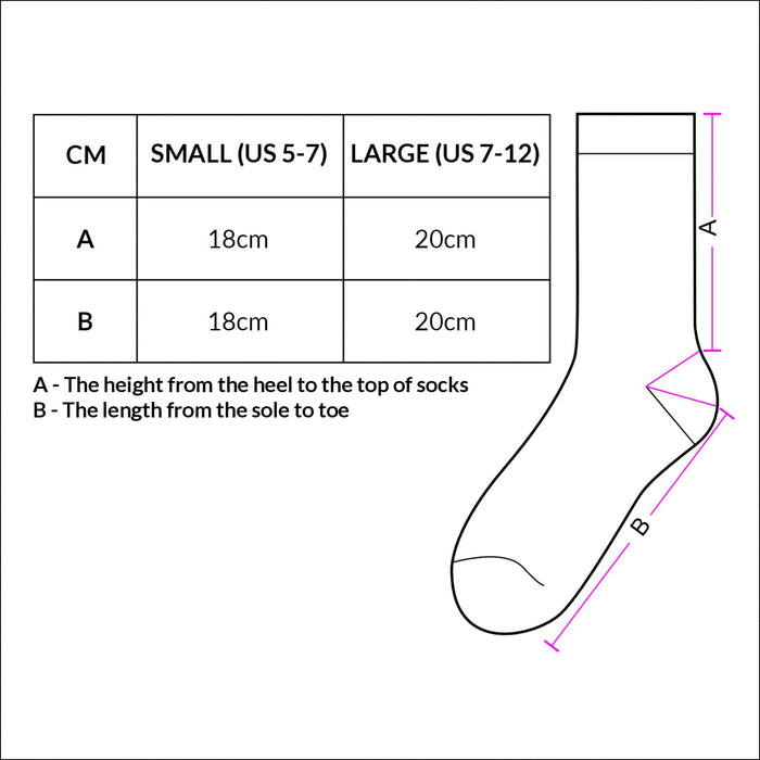 June Business Socks - A diagram detailing sizing information for June Business Socks, with measurements in centimetres for small and large sizes.