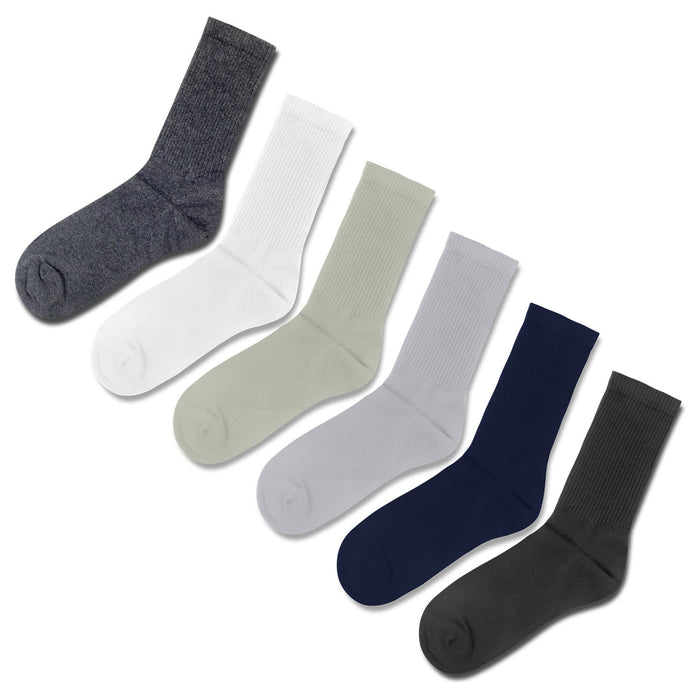 June Crew Socks - A collection of five pairs of crew socks in grey, white, light green, navy, and dark green, each featuring a logo.