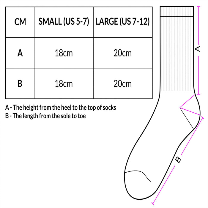 June Crew Socks - A diagram of socks with size measurements for small and large, including dimensions in centimetres.