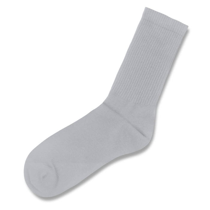 June Crew Socks - Light grey crew sock featuring a ribbed upper and a rounded toe, with a logo present.