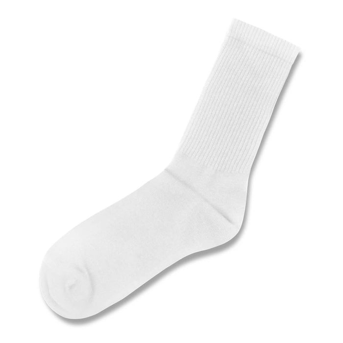 June Crew Socks - A pair of white crew socks with a ribbed pattern and a smooth finish, featuring a logo on one side.