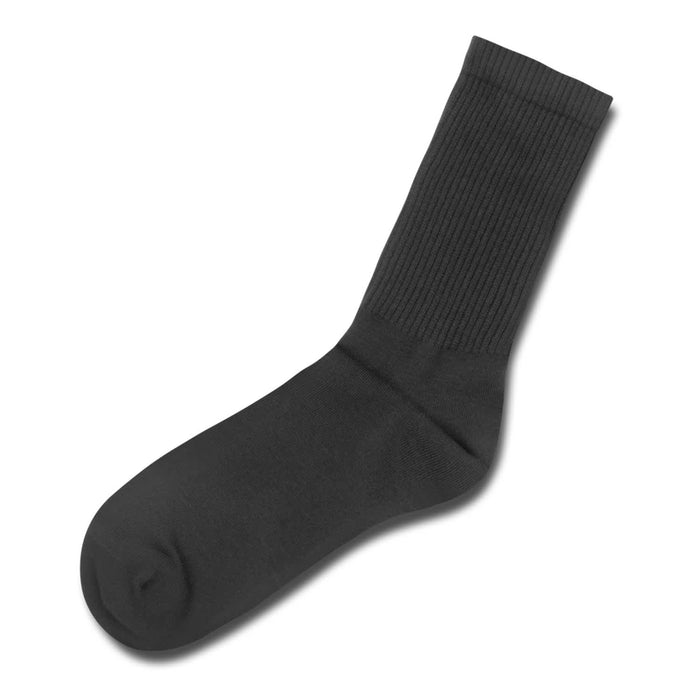 June Crew Socks - A single black crew sock with a ribbed cuff, featuring a logo. Ideal for casual wear or layering.