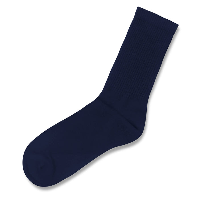 June Crew Socks - Navy crew socks with ribbed detailing and a solid design, featuring a logo on the side.