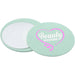 Glider Slider Makeup Mirror - A mint green makeup mirror with a pink heart design and text reading "Beauty woman." It features a reflective surface.