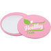 Glider Slider Makeup Mirror - A pink circular makeup mirror with a glossy finish, featuring a logo and a reflective surface.