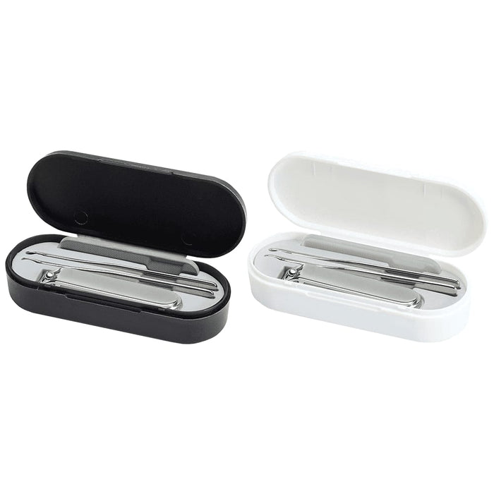 Beautix Manicure Set - A manicure set in black and white cases, containing various metal nail care tools. Each case is open and displays its contents.