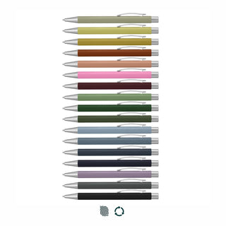 Lancer Fashion Pen - A collection of metal pens in various colours, featuring silver accents and a logo on each pen.