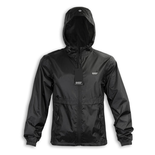 Swiss Peak Urban Windbreaker - A black windbreaker jacket with a hood, featuring a zip front and side pockets. It has a logo on the chest.