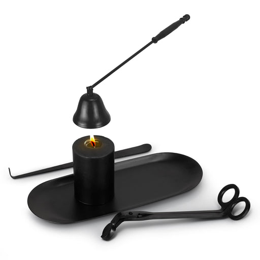 Keepsake Candle Accessory Set - A black candle accessory set featuring a candle, holder, snuffer, wick trimmer, and tray, all in sleek design.