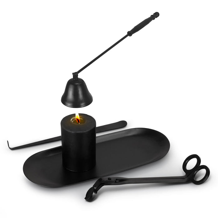 Keepsake Candle Accessory Set - A black candle accessory set featuring a candle, holder, snuffer, wick trimmer, and tray, all in sleek design.