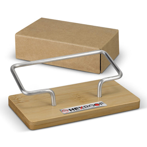 Bamboo Business Card Stand - A bamboo business card stand with a silver metal holder, accompanied by a brown craft box.