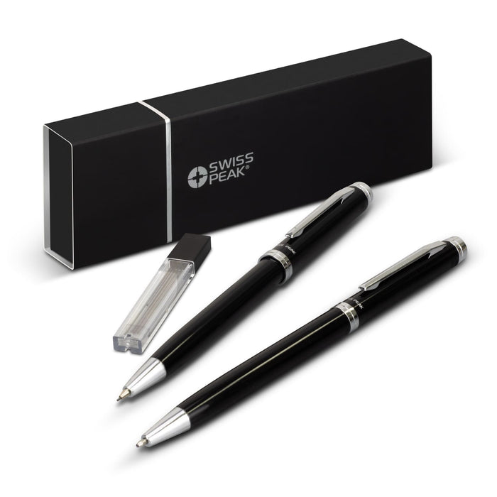 Swiss Peak Luzern Pen and Pencil Set - A black pen and pencil set with silver accents, presented in a sleek black box with a logo.