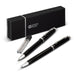 Swiss Peak Luzern Pen and Pencil Set - A black pen and pencil set with silver accents, presented in a sleek black box with a logo.