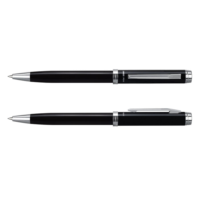 Swiss Peak Luzern Pen and Pencil Set - A black pen and pencil set with silver accents and a branding logo. The pen features a smooth finish, while the pencil has a textured grip.