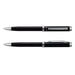 Swiss Peak Luzern Pen and Pencil Set - A black pen and pencil set with silver accents and a branding logo. The pen features a smooth finish, while the pencil has a textured grip.