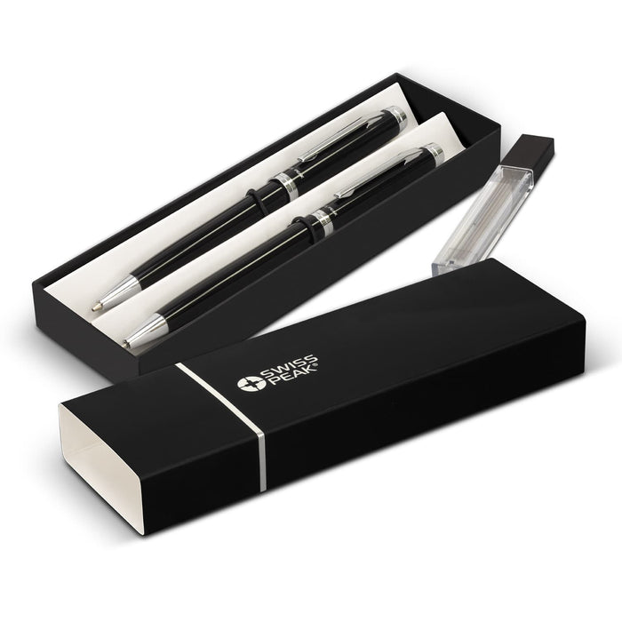 Swiss Peak Luzern Pen and Pencil Set - A black pen and pencil set in an elegant box, featuring a logo and silver accents.