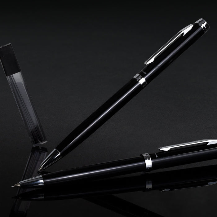Swiss Peak Luzern Pen and Pencil Set - A black pen and pencil set with a sleek design, featuring metallic accents and a clear display case.
