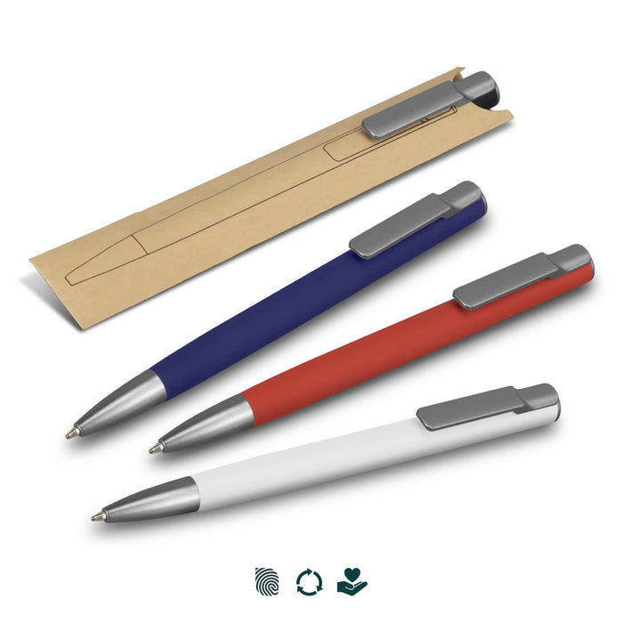 SPICE Slide Pen - Three metal pens in blue, red, and white, displayed on a kraft paper packaging. Each pen has a silver clip and branding.