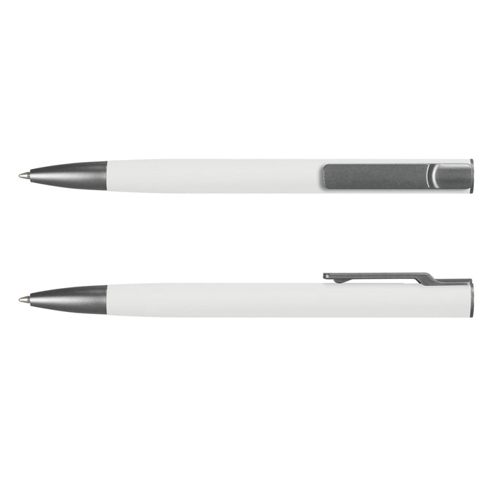 SPICE Slide Pen - A metal pen with a sleek white barrel and silver accents, featuring a clip and a logo.