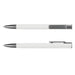 SPICE Slide Pen - A metal pen with a sleek white barrel and silver accents, featuring a clip and a logo.