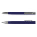 SPICE Slide Pen - A navy blue metal pen with a sleek design, featuring a silver clip and tip. It includes a logo.