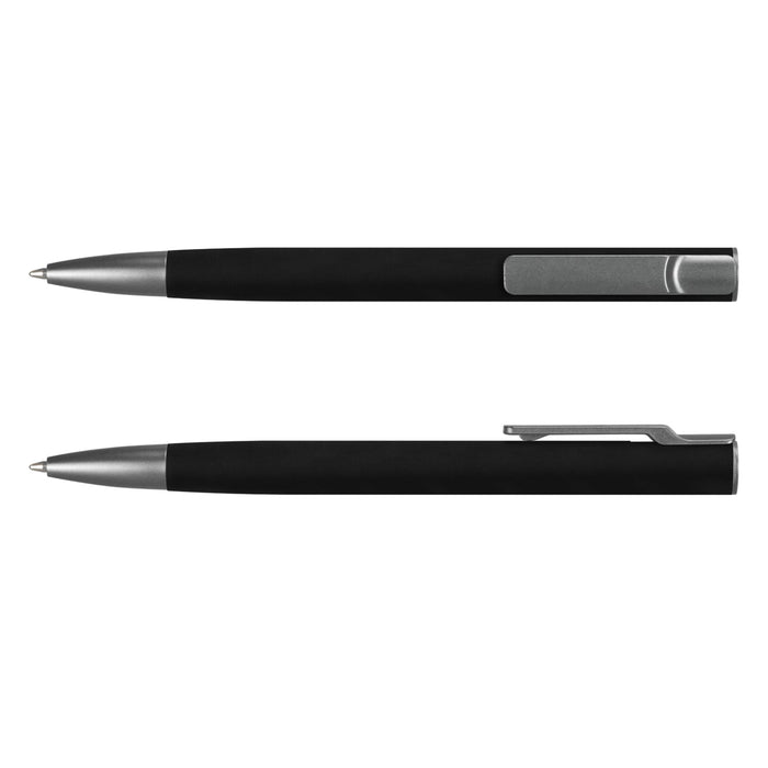 SPICE Slide Pen - A black metal pen with a sleek silver clip and tip, featuring a modern design. It includes a logo on the body.