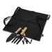 Keepsake Gardeners Set - A black gardening apron with three tools: a trowel, a cultivator, and a hand rake, all with wooden handles.