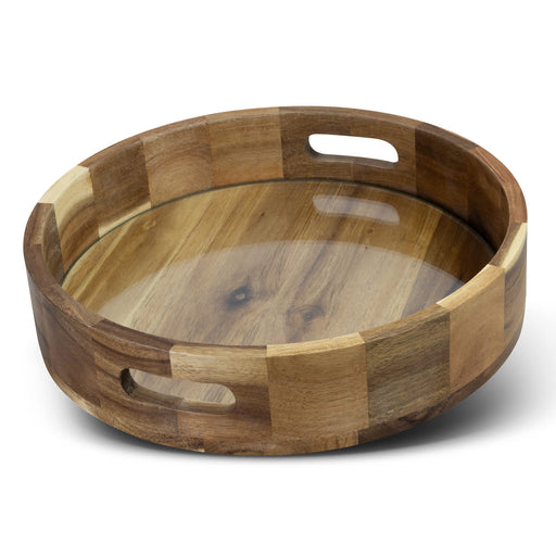 Keepsake Platter Tray - A round wooden platter tray with a smooth surface and cut-out handles, featuring a mix of light and dark wood tones.