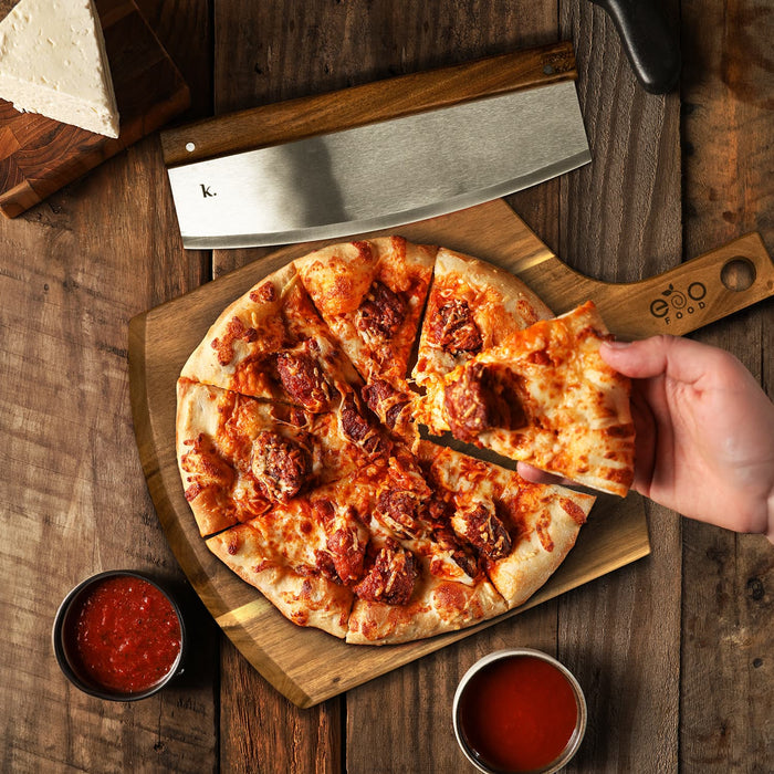 Keepsake Pizza Set - A wooden pizza board with a pizza topped with pepperoni and cheese, alongside dipping sauce and a knife.