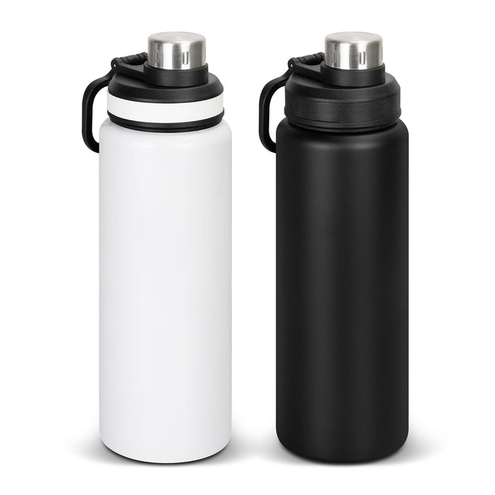 Solana Bottle - A drink bottle in white and black, featuring a stainless steel lid and a handle. It has a logo on the side.