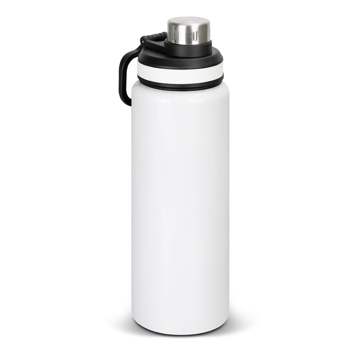 Solana Bottle - A drink bottle in white, featuring a black lid and handle. It has a shiny silver cap and a minimalist design.