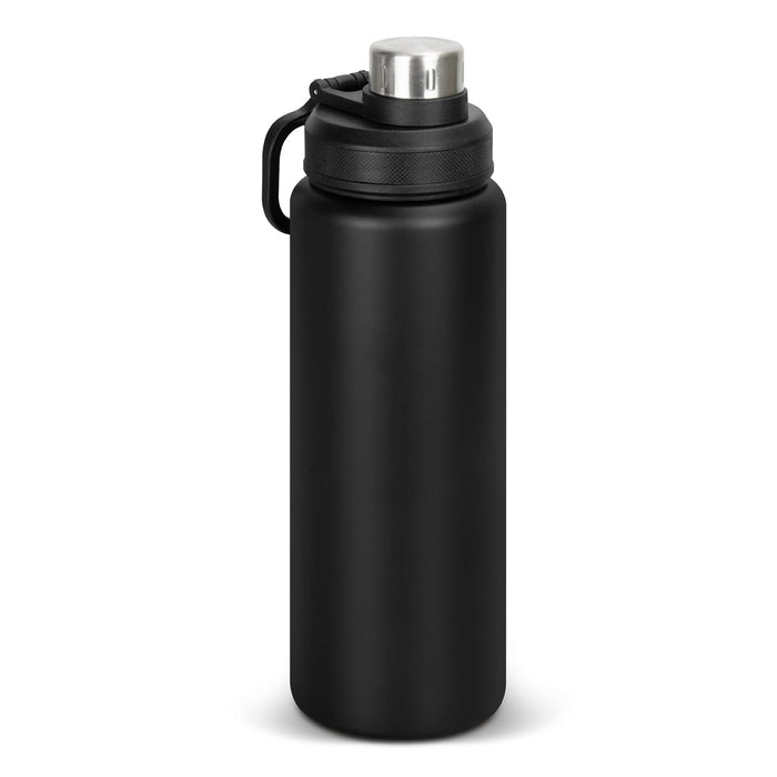 Solana Bottle - A drink bottle finished in matte black with a silver top and a handle for easy carrying. It features a logo.
