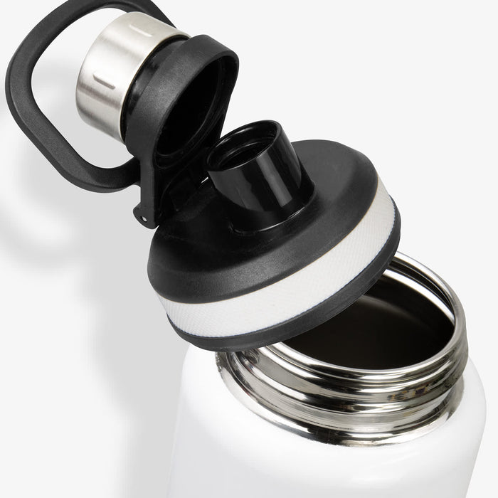 Solana Bottle - A drink bottle in white with a black lid and an opening ready for use. It features a handle and a logo.