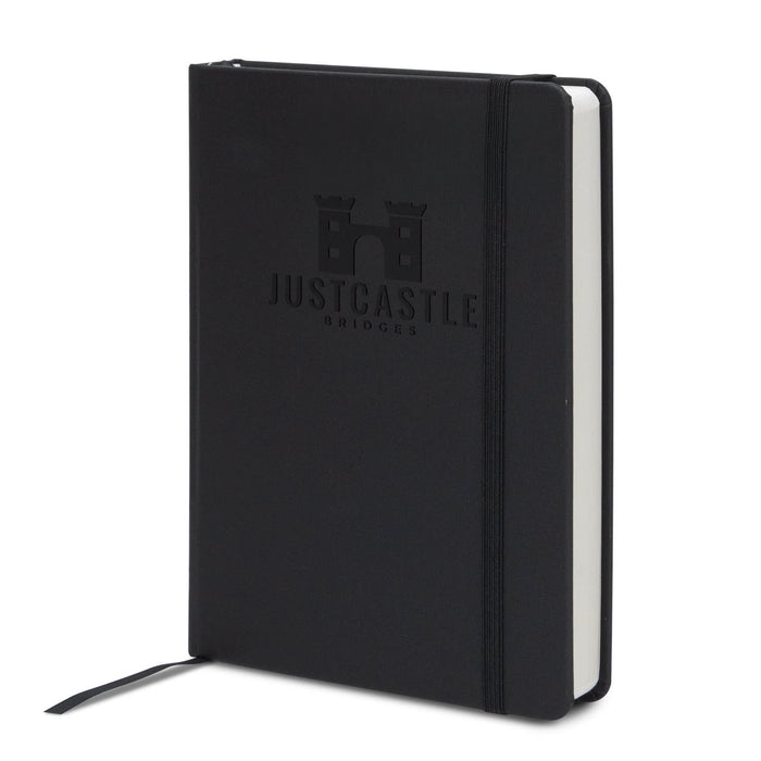 A5 Daily Diary - 2027 - A5 daily diary in sleek black with an embossed logo and an elastic closure.