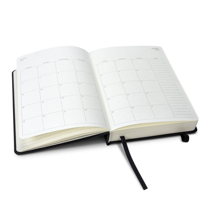 A5 Daily Diary - 2027 - A5 daily diary for 2027 with a black cover, featuring blank monthly calendar pages and a bookmark ribbon.