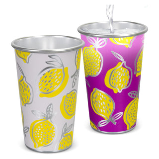 Burano Colour Changing Cup - A drink cup set featuring vibrant lemon patterns in yellow and white, with one cup in pink and one in silver.