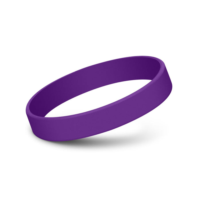 Kids Silicone Wrist Band - Embossed - A purple silicone wristband with a smooth surface, featuring a logo. Ideal for events and exhibitions.