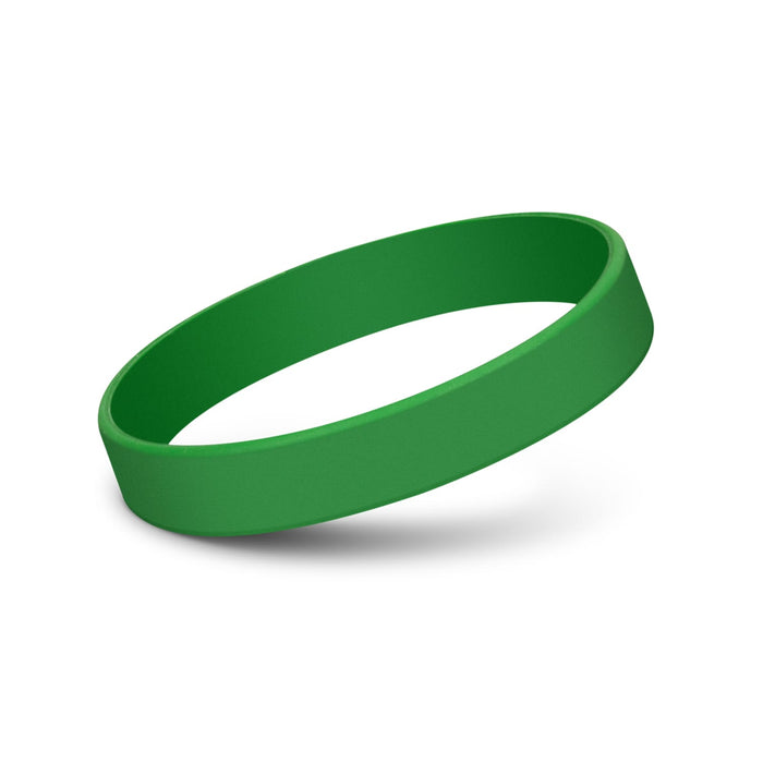 Kids Silicone Wrist Band - Embossed - A green silicone wristband with a smooth finish, featuring a debossed design. It has a logo on it.