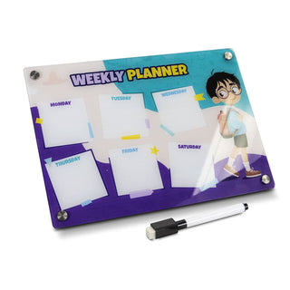 Magnetic Fridge Planner - Direct Digital - A magnetic weekly planner in vibrant blue and purple, featuring a cartoon character and a whiteboard marker.