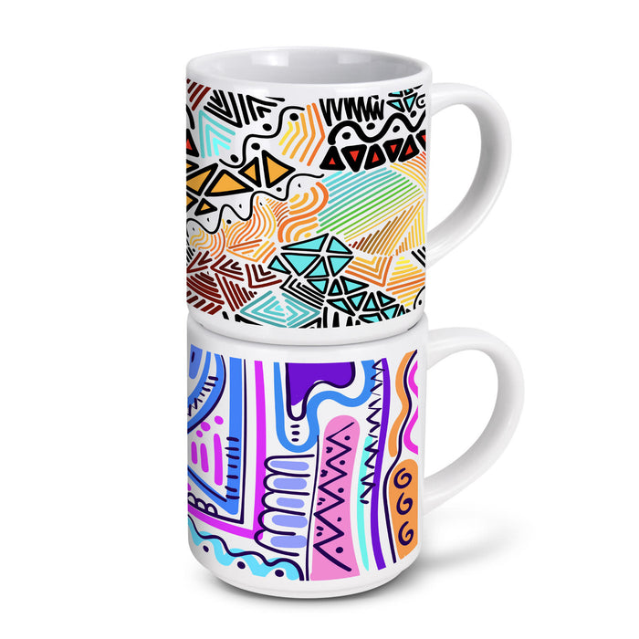 Arista Stackable Coffee Mug - A stackable coffee mug set featuring vibrant, abstract patterns in multiple colours with a logo on the side.