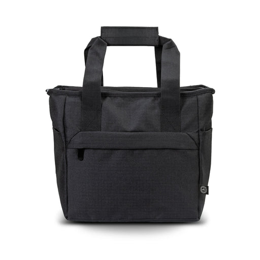 Oceana Recycled Cooler Bag - A black cooler bag with sturdy handles and a front pocket, featuring a logo on the side.