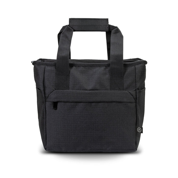 Oceana Recycled Cooler Bag - A black cooler bag with sturdy handles and a front pocket, featuring a logo on the side.