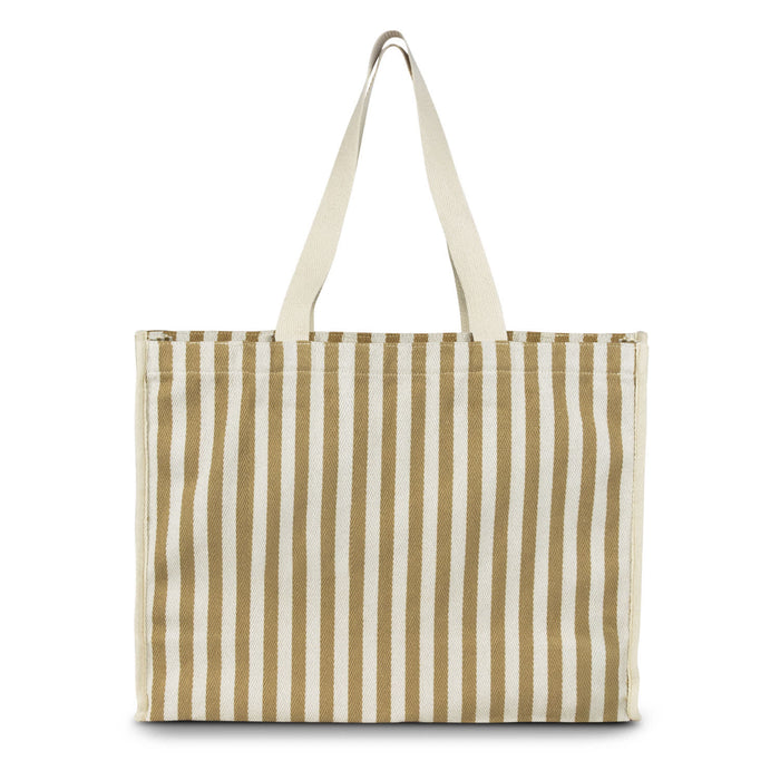 Keepsake Beach Tote Bag - A striped tote bag in cream and brown with sturdy handles and branding on the side.
