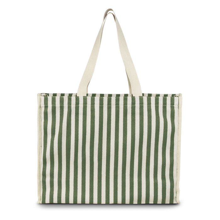 Keepsake Beach Tote Bag - A green and white striped tote bag with sturdy handles and a plain design, featuring a logo on the side.